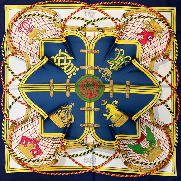 Hermes Navy Blue / Yellow Multi Grande Tenue Print Square Silk Twill Scarf - Picture 5 of 9